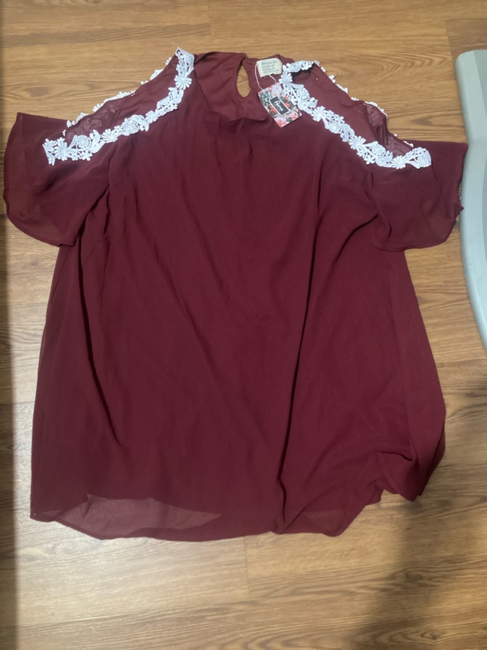 Cold-Shoulder Maroon Blouse with White Lace Trim